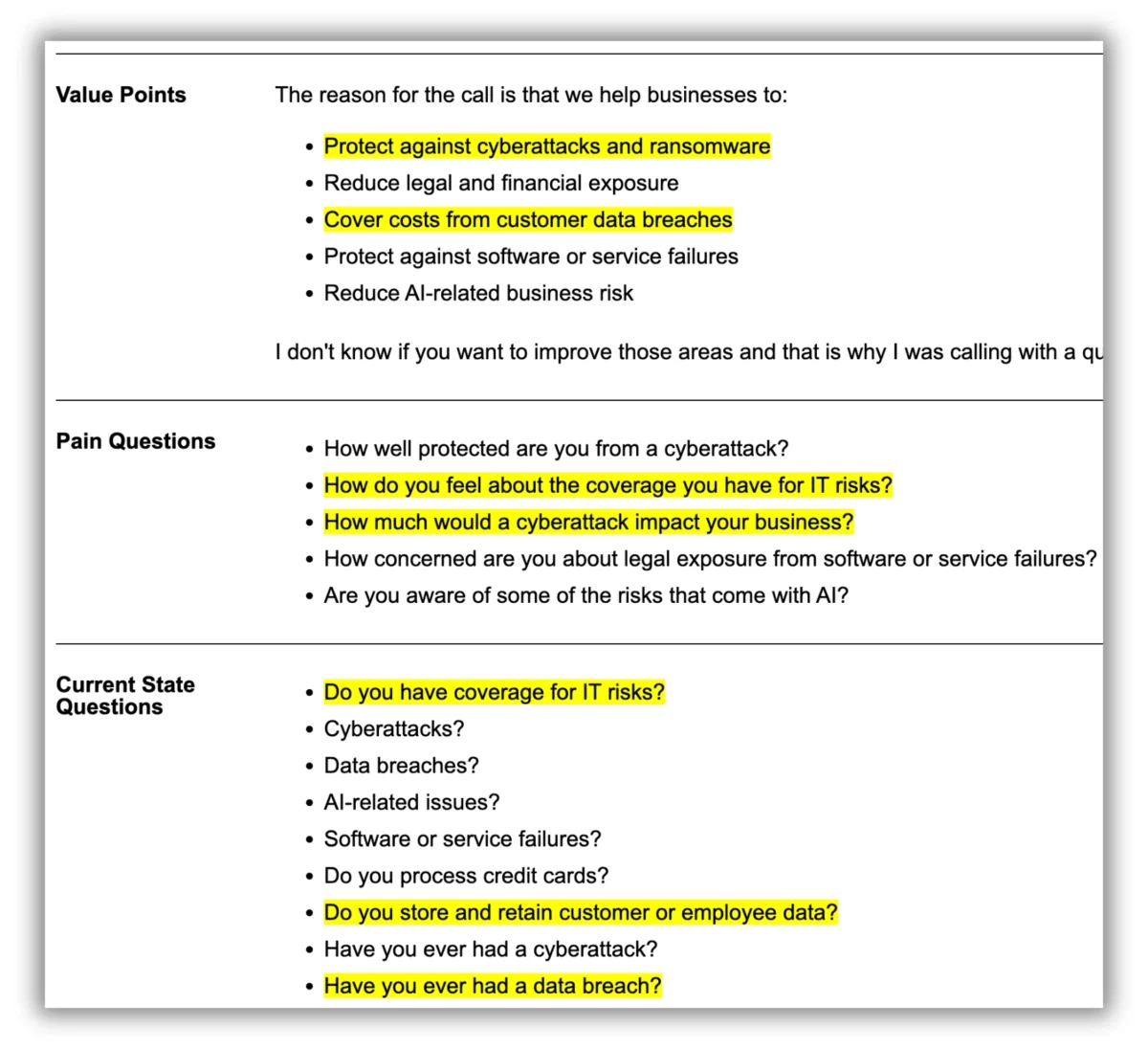This is a sales call script example showing a value proposition and questions to ask